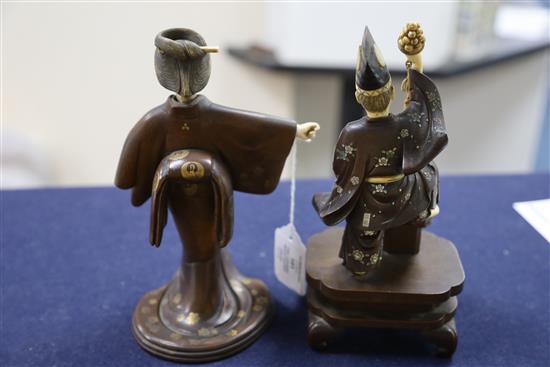 A Japanese Shibayama style ivory and wood okimono of a Sambaso dancer and a cherrywood and ivory okimono of a bijin, Meiji period